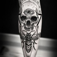 Interesting combined mystical black and white skull with eye and big bee with number tattoo on arm