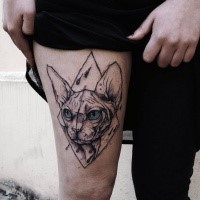 Interesting designed and colored thigh tattoo of cat