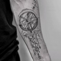 Interesting designed black ink forearm tattoo of scientific mechanism