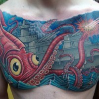 Interesting designed cartoon like squid attacking military ship tattoo on chest