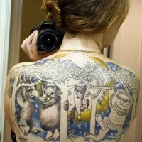 Interesting designed colored various fantasy monsters tattoo on upper back with trees and moon