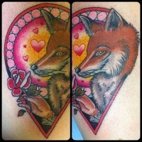 Interesting designed romantic style colored fox with hearts and flower tattoo on shoulder