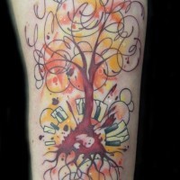 Interesting graphic colorful tree tattoo