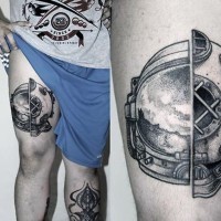 Interesting half astronaut half old divers helmets tattoo on thigh