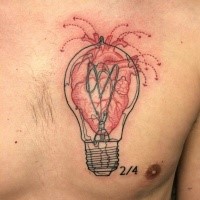 Interesting looking chest tattoo of bulb with human heart
