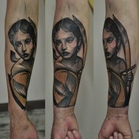 Interesting looking colored arm tattoo of ancient woman warrior
