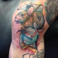 Interesting looking colored leg tattoo of funny mouse with roped bottle