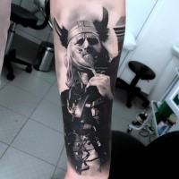 Interesting looking forearm tattoo of medieval viking warrior