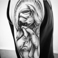 Interesting looking shoulder tattoo of storm troopers mother Mary