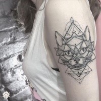 Interesting modern dot style shoulder tattoo of  cat with various figures