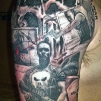 Interesting neo traditional style shoulder tattoo of thug with modern weapons