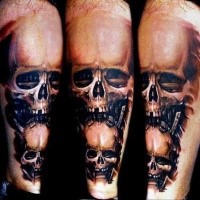 Interesting painted 3D style colored leg tattoo of human skulls