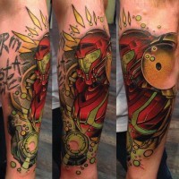 Interesting painted and colored futuristic soldier tattoo on forearm