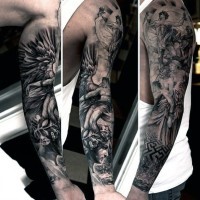Interesting painted antic Greece themed black ink tattoo on sleeve