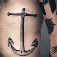 Interesting painted black and white big anchor tattoo on side