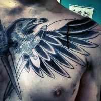 Interesting painted black ink bird with crossed daggers tattoo on chest