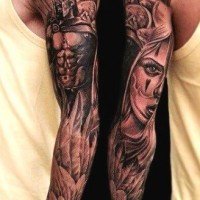 Interesting painted black ink Spartan warrior with rogue woman tattoo on sleeve