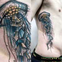 Interesting painted homemade like colorful jellyfish tattoo on side
