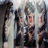 Interesting painted multicolored crow on street light and fores tattoo on sleeve