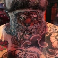 Interesting realistic looking neck tattoo of tiger with rope