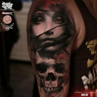 Interesting style colored shoulder tattoo of mystical woman with skull