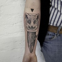 Interesting style painted big black ink fox and wale tattoo on arm