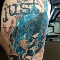 Interesting themed and painted tattoo with lettering and dinosaur skeleton on thigh