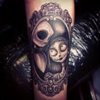 Jack Skellington and Sally cartoon in love heroes in ancient frame tattoo