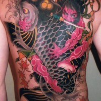 Japanese great colorful koi fish tattoo on whole back
