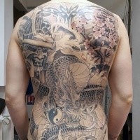 Japanese style black ink whole back tattoo of dragon with mask and blooming tree