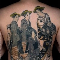Japanese style colored back tattoo of geisha women with children