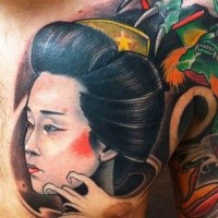 Japanese style colored chest tattoo of geisha portrait