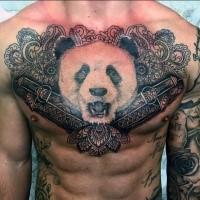 Japanese style colored chest tattoo of Panda bead with ornamental flowers