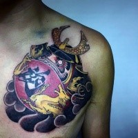 Japanese style colored chest tattoo of big old doll