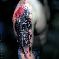 Japanese style colored shoulder tattoo of samurai warrior with tree and sun