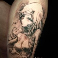 Japanese style colored thigh tattoo of cute woman