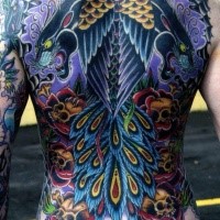 japanese style colored whole back tattoo of black panther with skulls and feather