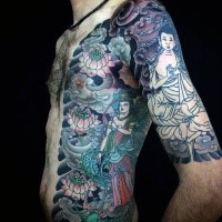 Japanese style half colored shoulder and chest tattoo of Buddha and flowers