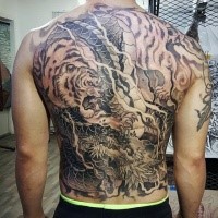 Japanisches traditionelles schwarzes Tattoo am ganzen Rücken des Tigers mit Drachen