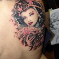 Japanese traditional colored back tattoo of beautiful geisha