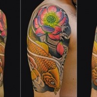 Japanese traditional colored shoulder tattoo of carp fish and flower