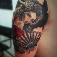 Japanese traditional colored shoulder tattoo of geisha