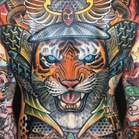 Japanese traditional colored whole body tattoo of tiger with sword and pictures