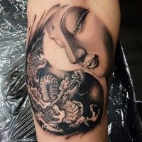 japanese traditional style colored arm tattoo of Buddha with fantasy dragon