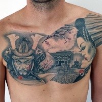 Japanese traditional style colored chest tattoo of samurai warrior geisha and old house
