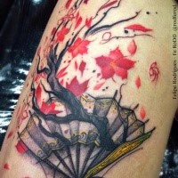 Japanese traditional style colored tattoo of fan with big tree