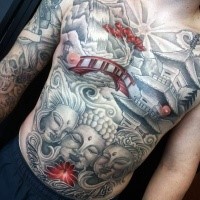 Japanese traditional style typical colored whole chest and belly tattoo of Buddha statue with old mountain temple
