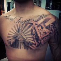 Jesus and the angel with a cross tattoo on chest
