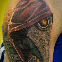 Large amazing looking plague doctor tattoo on shoulder