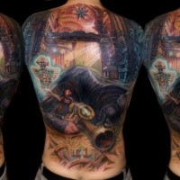 Large awesome looking colored whole back tattoo of fantasy sniper in city